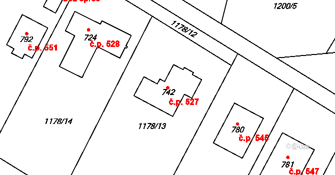 Stařeč 527 na parcele st. 742 v KÚ Stařeč, Katastrální mapa