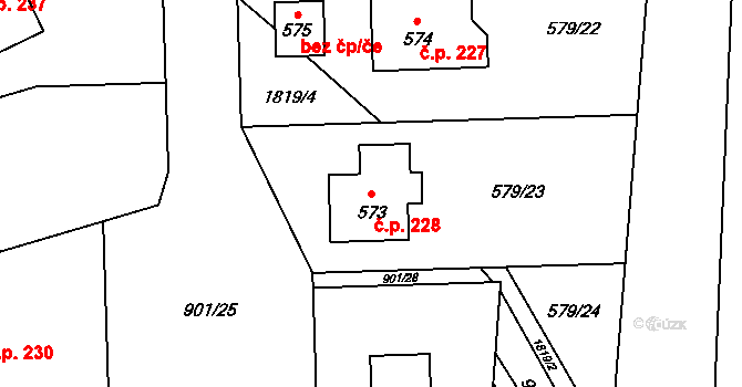 Bratronice 228 na parcele st. 573 v KÚ Bratronice u Kladna, Katastrální mapa