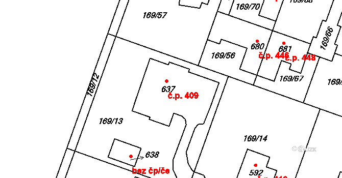 Domamyslice 409, Prostějov na parcele st. 637 v KÚ Domamyslice, Katastrální mapa