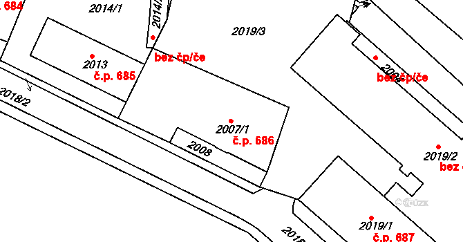 Jemnice 686 na parcele st. 2007/1 v KÚ Jemnice, Katastrální mapa
