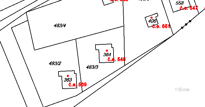 Solopisky 540, Třebotov na parcele st. 364 v KÚ Třebotov, Katastrální mapa