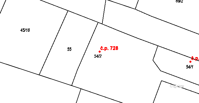 Kobeřice 728 na parcele st. 54/2 v KÚ Kobeřice ve Slezsku, Katastrální mapa