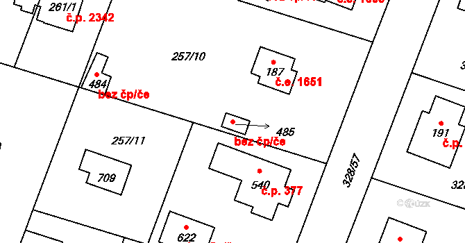 Kamenice 46127321 na parcele st. 485 v KÚ Štiřín, Katastrální mapa