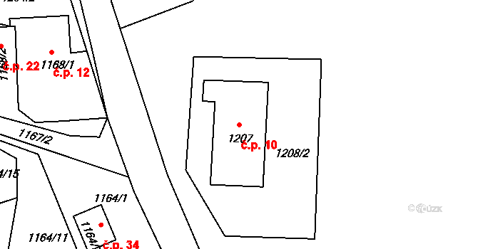 Hradce 10 na parcele st. 1207 v KÚ Hradce u Homol, Katastrální mapa