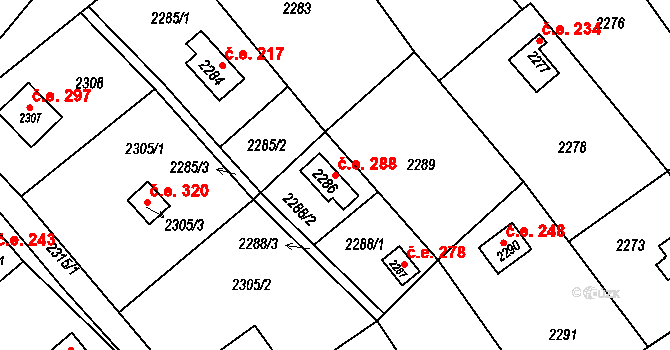 Buchlovice 288 na parcele st. 2286 v KÚ Buchlovice, Katastrální mapa