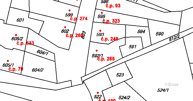 Drnovice 285 na parcele st. 592/1 v KÚ Drnovice u Vyškova, Katastrální mapa