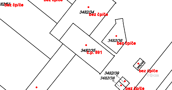 Vyškov-Předměstí 591, Vyškov na parcele st. 3482/35 v KÚ Vyškov, Katastrální mapa