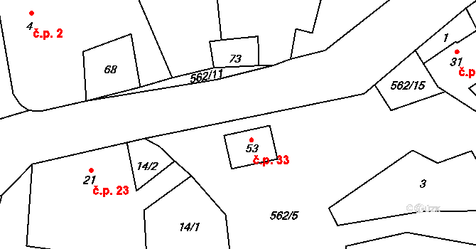 Hodonín 33 na parcele st. 53 v KÚ Hodonín u Nasavrk, Katastrální mapa
