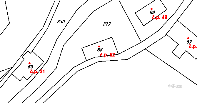 Žampach 52 na parcele st. 68 v KÚ Žampach, Katastrální mapa