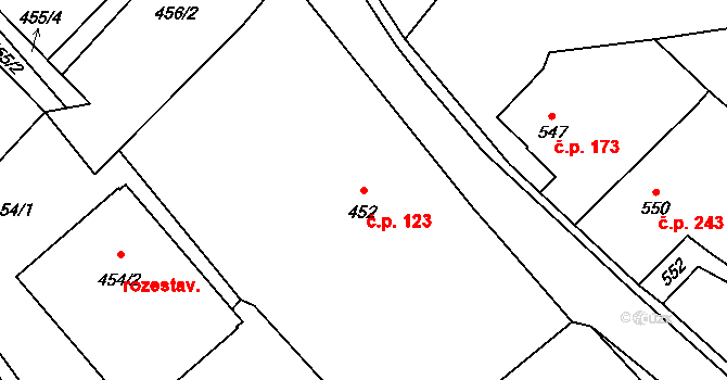 Žulová 123 na parcele st. 452 v KÚ Žulová, Katastrální mapa
