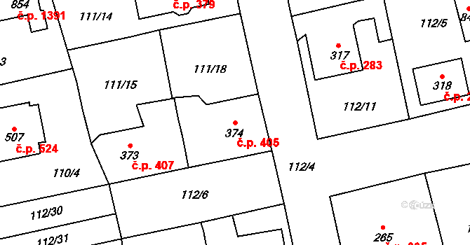 Rudná 405 na parcele st. 374 v KÚ Dušníky u Rudné, Katastrální mapa