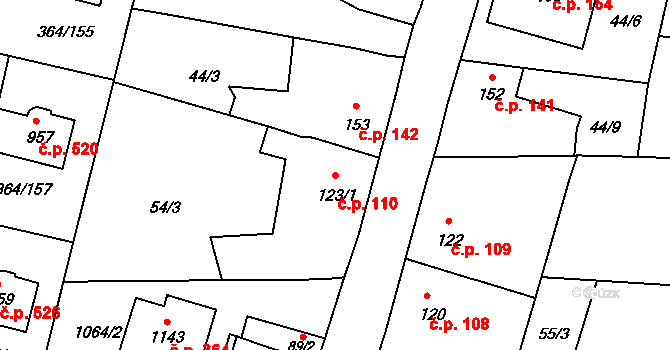 Nučice 110 na parcele st. 123/1 v KÚ Nučice u Rudné, Katastrální mapa