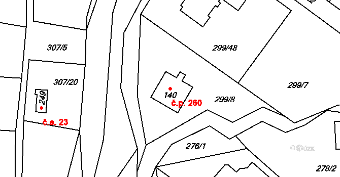 Tuchoměřice 260 na parcele st. 140 v KÚ Kněžívka, Katastrální mapa