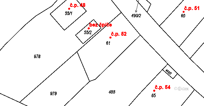 Ždánov 52 na parcele st. 61 v KÚ Ždánov, Katastrální mapa