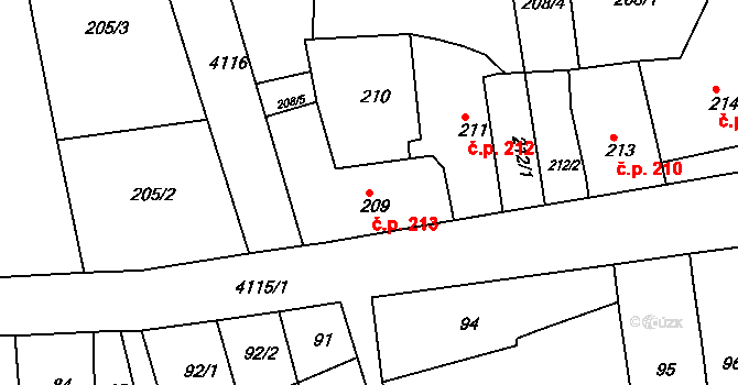 Jakubské Předměstí 213, Jaroměř na parcele st. 209 v KÚ Jaroměř, Katastrální mapa
