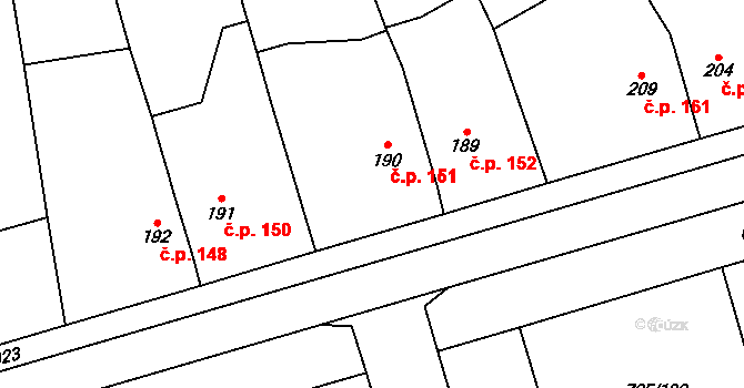 Choltice 151 na parcele st. 190 v KÚ Choltice, Katastrální mapa