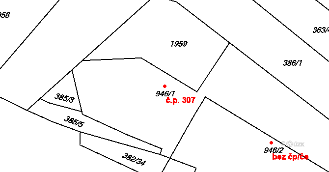 Přelouč 307 na parcele st. 946/1 v KÚ Přelouč, Katastrální mapa