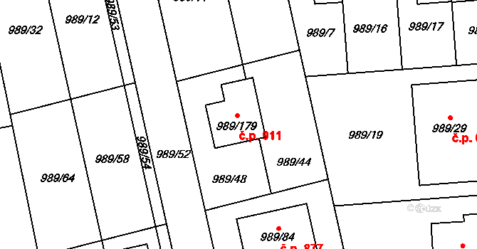 Nebušice 911, Praha na parcele st. 989/179 v KÚ Nebušice, Katastrální mapa