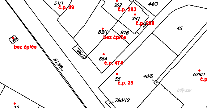 Sady 474, Uherské Hradiště na parcele st. 654 v KÚ Sady, Katastrální mapa