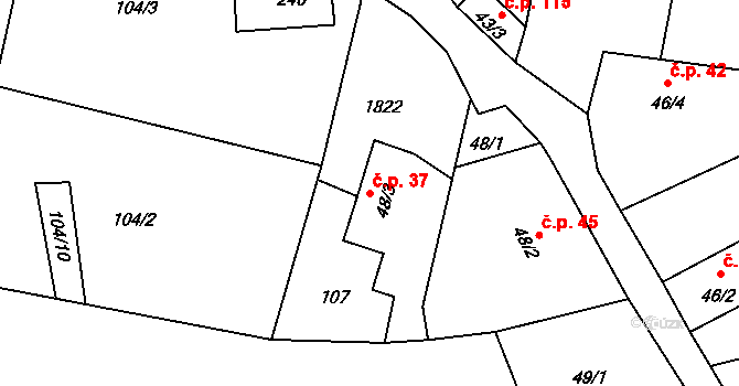 Holedeč 37 na parcele st. 48/3 v KÚ Holedeč, Katastrální mapa