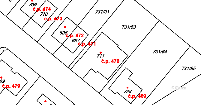 Olšany u Prostějova 470 na parcele st. 711 v KÚ Olšany u Prostějova, Katastrální mapa