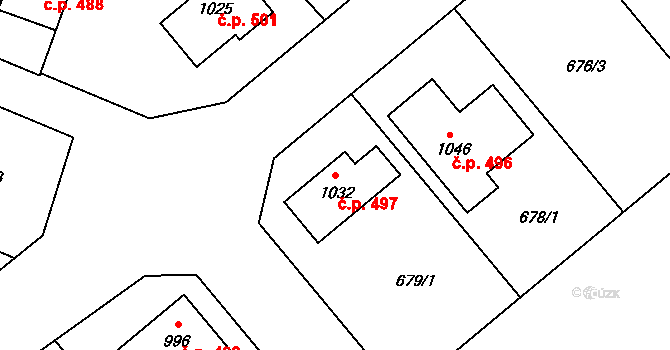 Hrotovice 497 na parcele st. 1032 v KÚ Hrotovice, Katastrální mapa