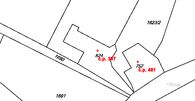 Staré Křečany 367 na parcele st. 824 v KÚ Staré Křečany, Katastrální mapa
