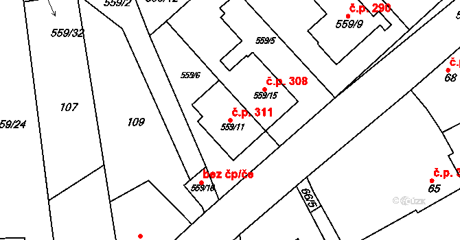 Malín 311, Kutná Hora na parcele st. 559/11 v KÚ Malín, Katastrální mapa