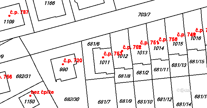 Lišov 753 na parcele st. 1011 v KÚ Lišov, Katastrální mapa