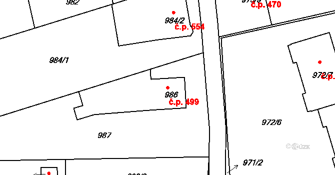 Staré Město 499, Třinec na parcele st. 986 v KÚ Třinec, Katastrální mapa