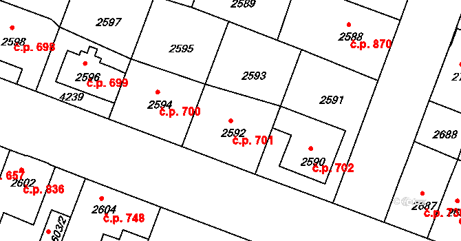 Čelákovice 701 na parcele st. 2592 v KÚ Čelákovice, Katastrální mapa