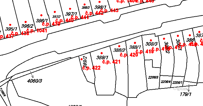 Kyjov 421 na parcele st. 389/1 v KÚ Kyjov, Katastrální mapa