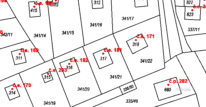 Doubravčice 181 na parcele st. 317 v KÚ Doubravčice, Katastrální mapa