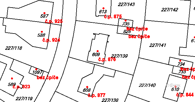 Švermov 876, Kladno na parcele st. 609 v KÚ Hnidousy, Katastrální mapa