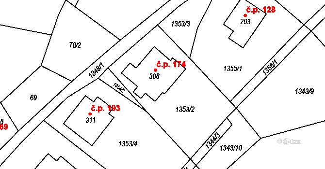 Stružinec 174 na parcele st. 308 v KÚ Stružinec u Lomnice nad Popelkou, Katastrální mapa