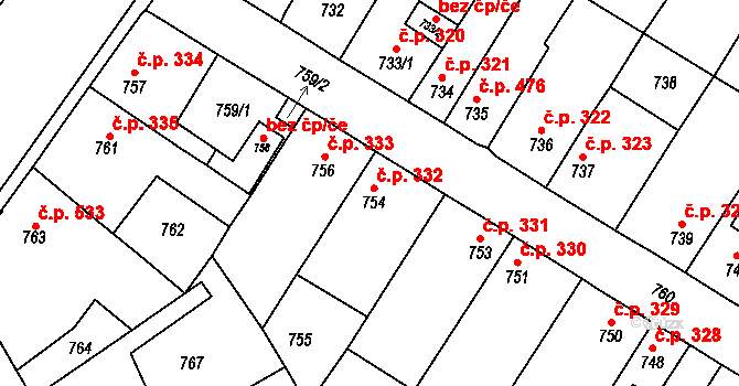 Kosmonosy 332 na parcele st. 754 v KÚ Kosmonosy, Katastrální mapa