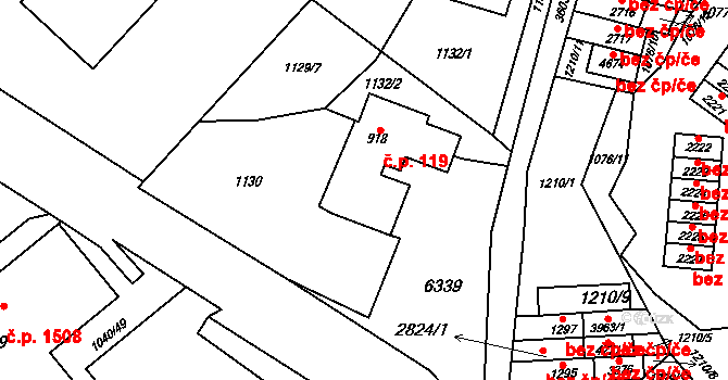 Rožnov pod Radhoštěm 119 na parcele st. 918 v KÚ Rožnov pod Radhoštěm, Katastrální mapa