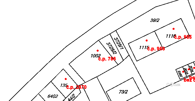 Rožnov pod Radhoštěm 756 na parcele st. 1002 v KÚ Rožnov pod Radhoštěm, Katastrální mapa