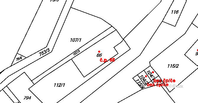 Brtev 68, Lázně Bělohrad na parcele st. 66 v KÚ Brtev, Katastrální mapa