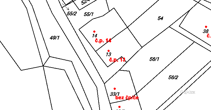 Vrbice 13 na parcele st. 13 v KÚ Vrbice u Vacova, Katastrální mapa