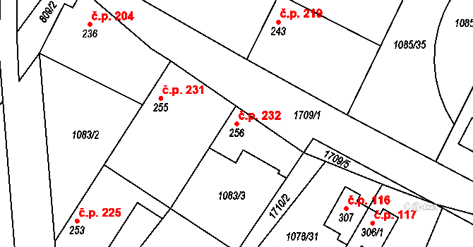 Čečelice 232 na parcele st. 256 v KÚ Čečelice, Katastrální mapa