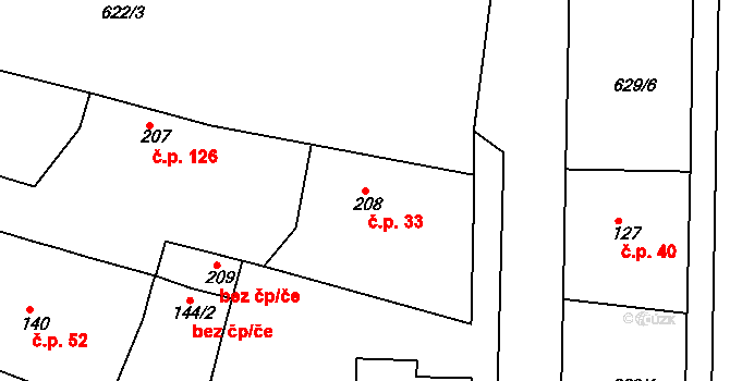 Čachovice 33 na parcele st. 208 v KÚ Čachovice, Katastrální mapa
