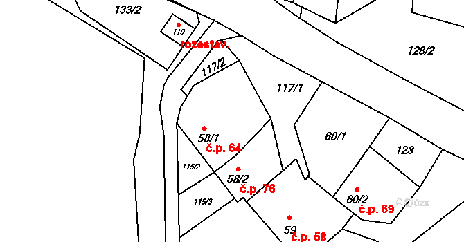 Červený Hrádek 64 na parcele st. 58/1 v KÚ Červený Hrádek u Dačic, Katastrální mapa