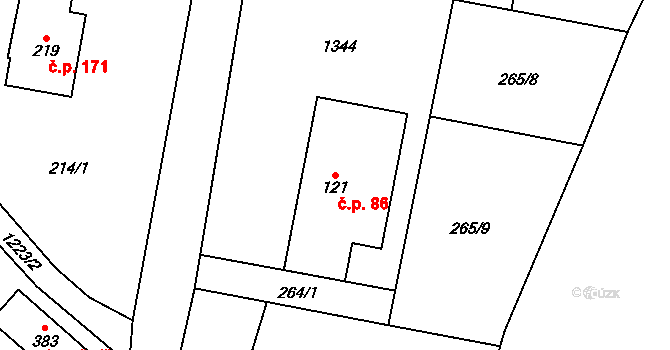 Čistá v Krkonoších 86, Černý Důl na parcele st. 121 v KÚ Čistá v Krkonoších, Katastrální mapa