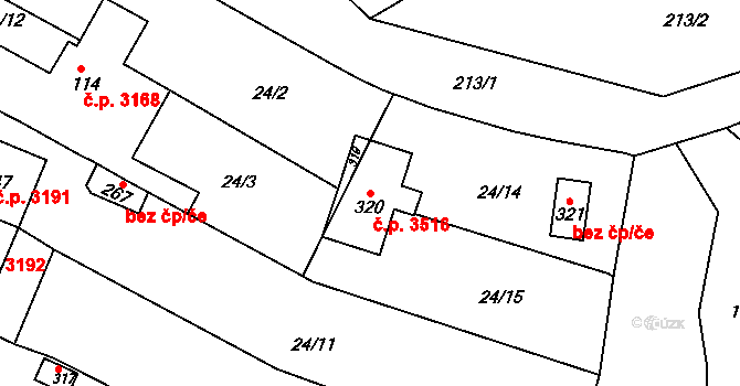 Znojmo 3516 na parcele st. 320 v KÚ Znojmo-Hradiště, Katastrální mapa