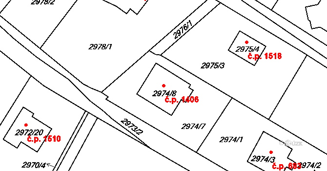Kopřivnice 1406 na parcele st. 2974/8 v KÚ Kopřivnice, Katastrální mapa