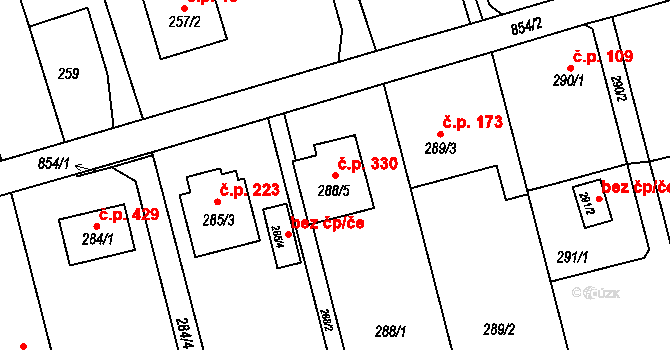 Vřesina 330 na parcele st. 288/5 v KÚ Vřesina u Opavy, Katastrální mapa
