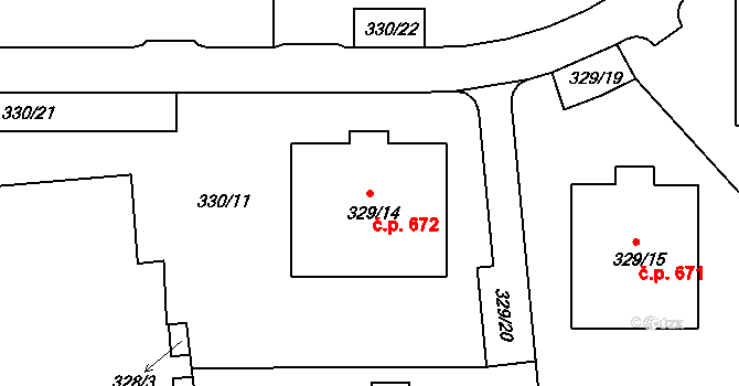 Liboc 672, Praha na parcele st. 329/14 v KÚ Liboc, Katastrální mapa