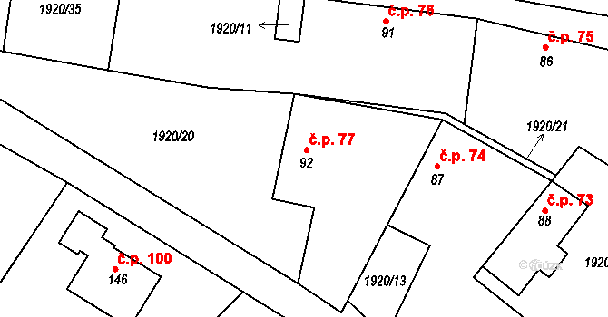 Hradešice 77 na parcele st. 92 v KÚ Hradešice, Katastrální mapa