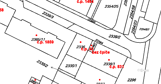Předměstí 43, Litoměřice na parcele st. 2336 v KÚ Litoměřice, Katastrální mapa